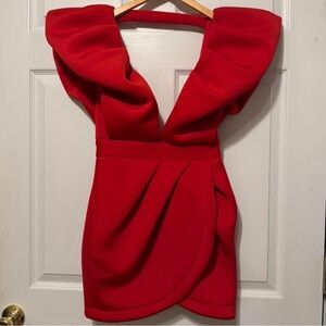 MARBLE Red Ruffle Deep V Mini Dress